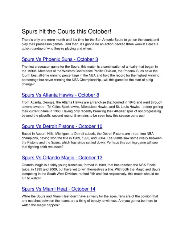 Spurs hit the Courts this October!