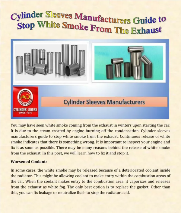 Cylinder Sleeves Manufacturers Guide to Stop White Smoke From The Exhaust