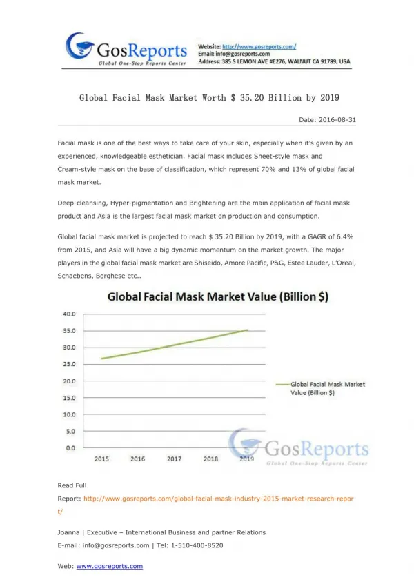 Global Facial Mask Market Worth $ 35.20 Billion by 2019