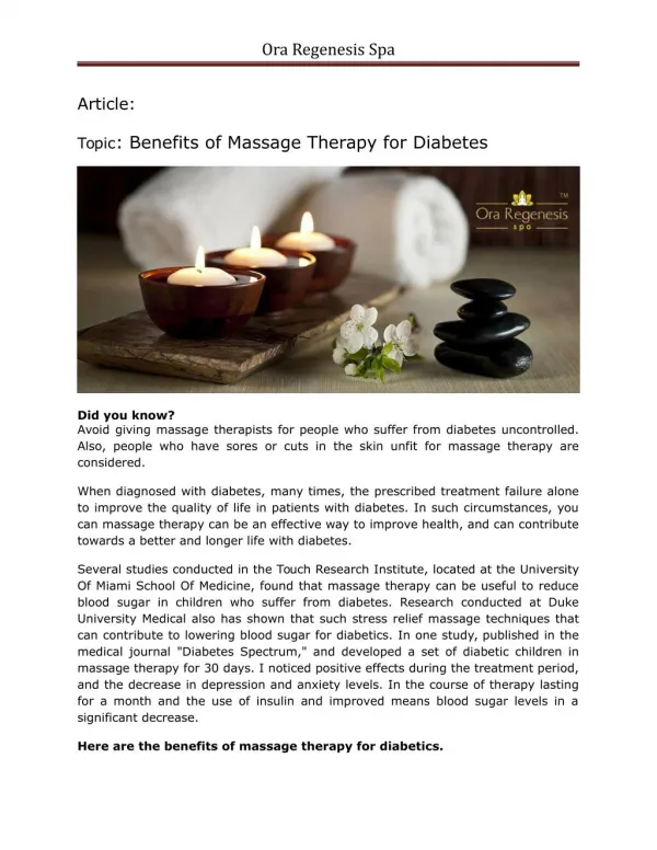 Benefits of massage therapy for diabetes - ora regenesis spa