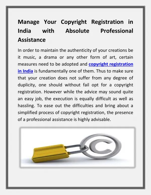 Manage Your Copyright Registration in India with Absolute Professional Assistance