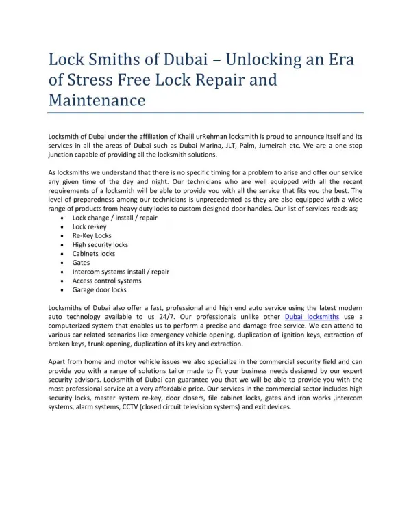Lock Smiths of Dubai – Unlocking an Era of Stress Free Lock Repair and Maintenance
