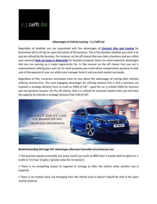 Advantages of Vehicle Leasing – C.J.Tafft.Ltd