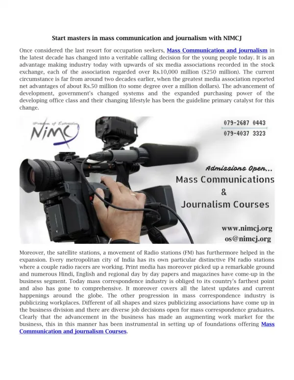 Start masters in mass communication and journalism with NIMCJ