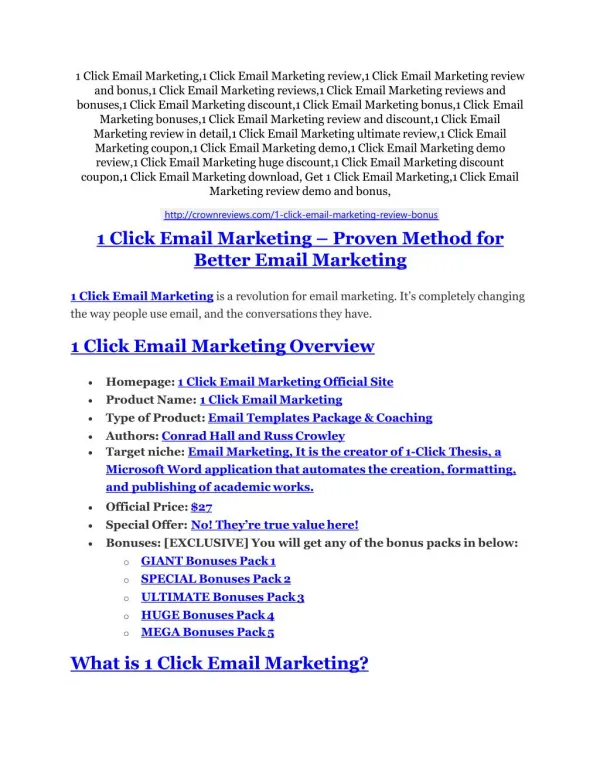 1 Click Email Marketing Review - 80% Discount and $26,800 Bonus