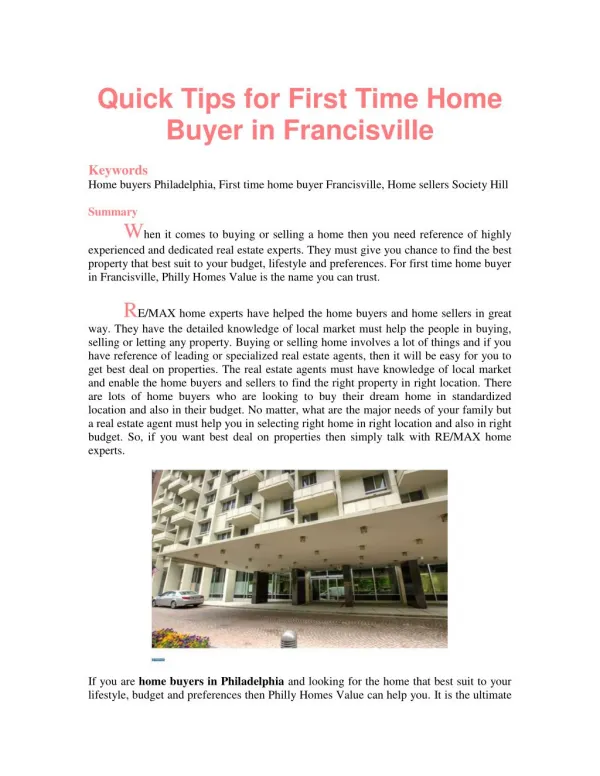 Quick Tips for First Time Home Buyer in Francisville