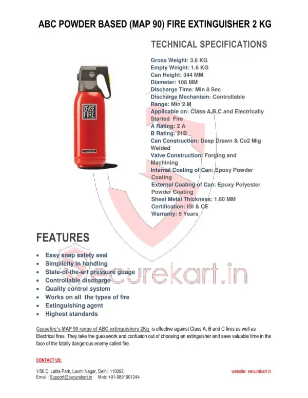 Ceasefire Abc Powder Based (Map-90) Fire Extinguisher Features - 2 Kg