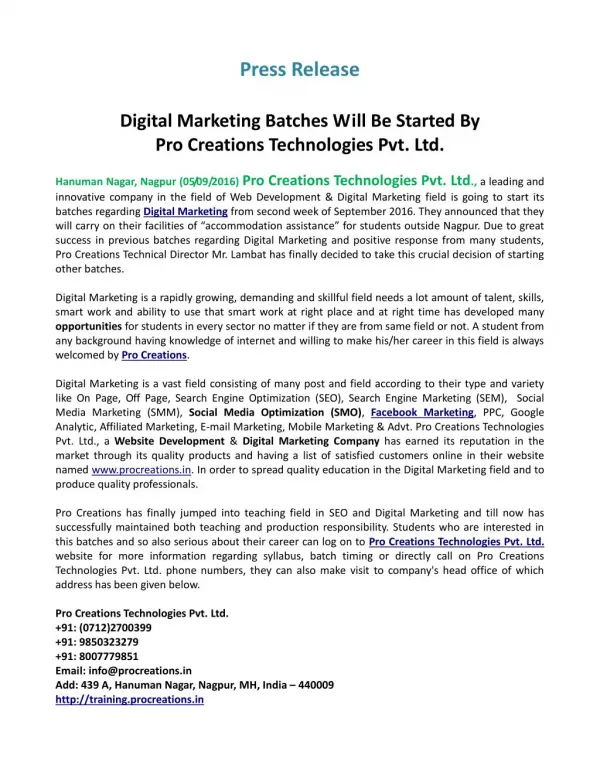 Digital Marketing Batches Will Be Started By Pro Creations Technologies Pvt. Ltd.