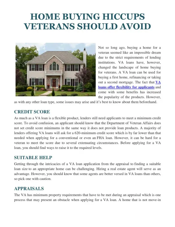 HOME BUYING HICCUPS VETERANS SHOULD AVOID