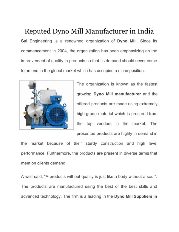 Reputed Dyno Mill Manufacturer in India