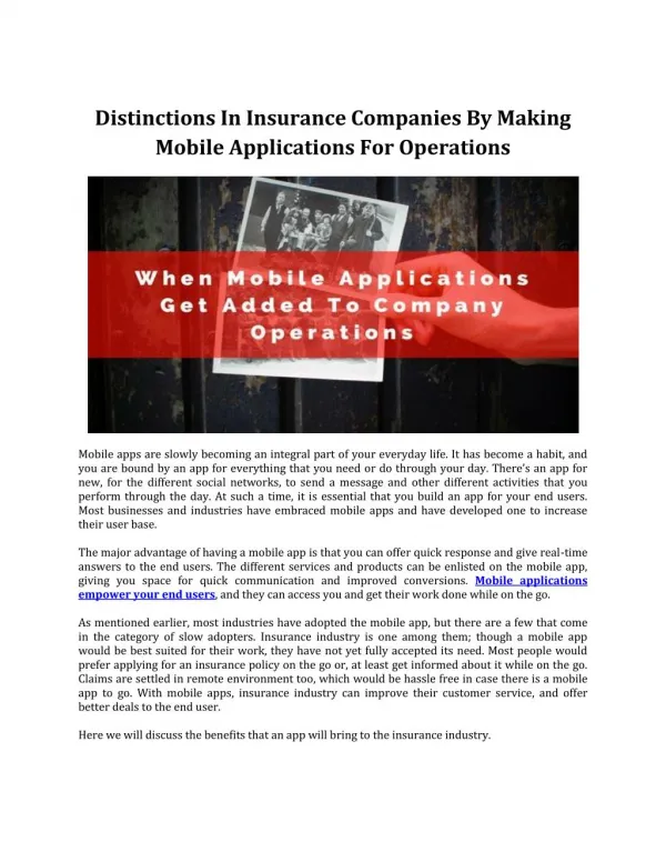 Distinctions In Insurance Companies By Making Mobile Applications For Operations