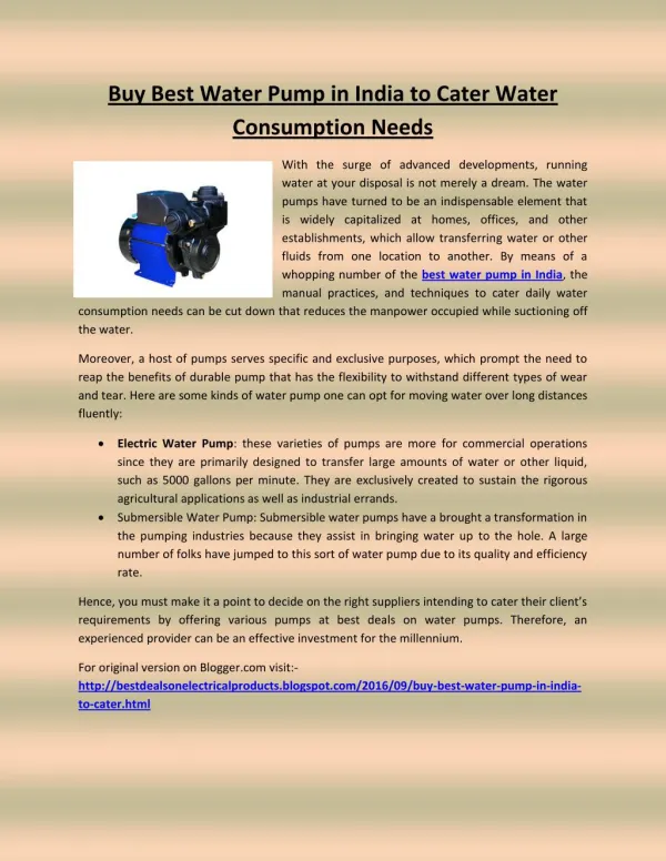 Buy Best Water Pump in India to Cater Water Consumption Needs