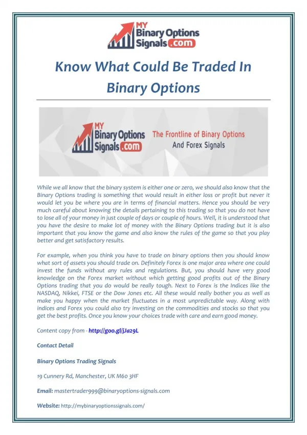Know What Could Be Traded In Binary Options
