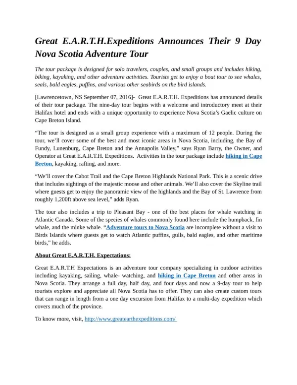 Great E.A.R.T.H.Expeditions Announces Their 9 Day Nova Scotia Adventure Tour