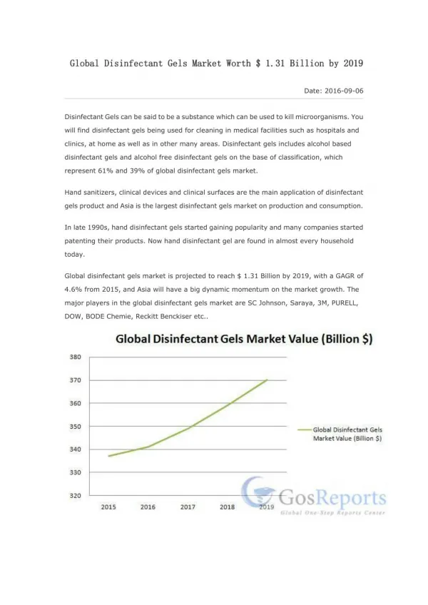 Global Disinfectant Gels Market Worth $ 1.31 Billion by 2019