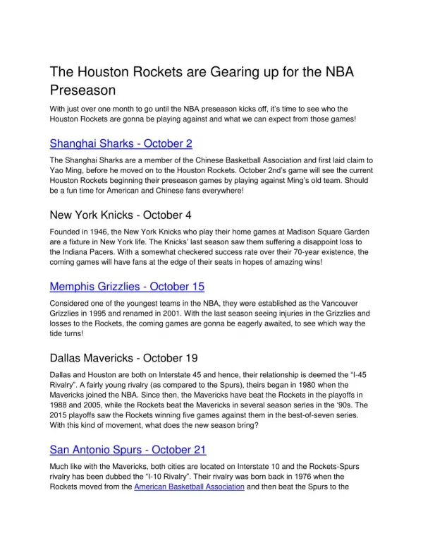 The Houston Rockets are Gearing up for the NBA Preseason