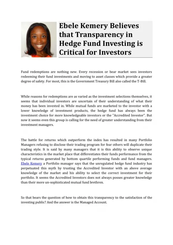 Ebele Kemery Believes that Transparency in Hedge Fund Investing is Critical for Investors