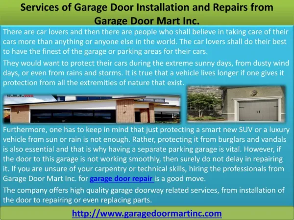 Services of Garage Door Installation and Repairs from Garage Door Mart Inc.