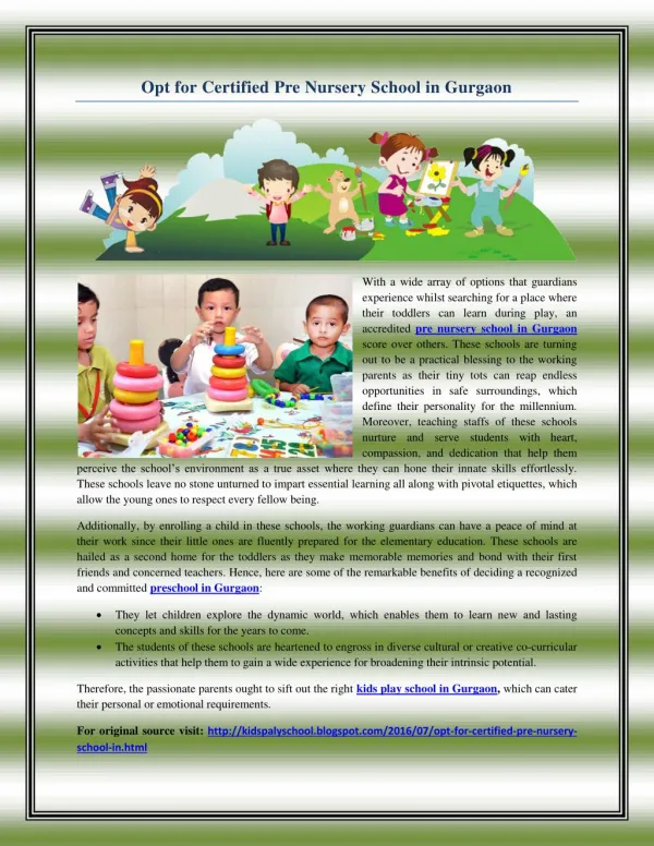 Opt for Certified Pre Nursery School in Gurgaon