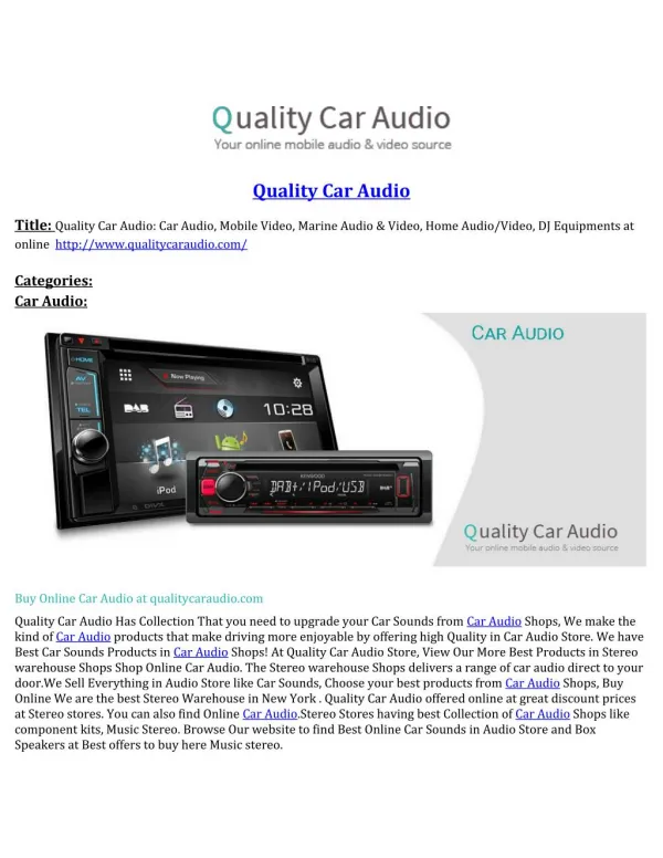 Quality Car Audio: Car Audio, Mobile Video, Marine Audio & Video, Home Audio/Video, DJ Equipments at online www.qualityc