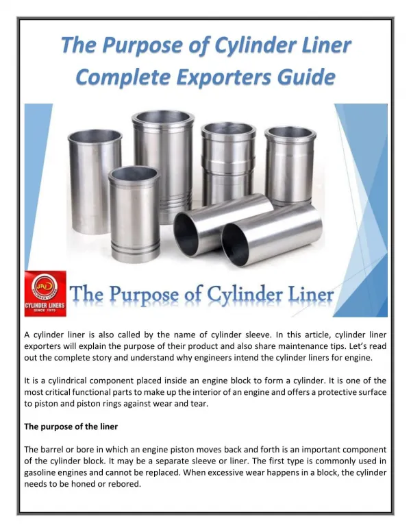 The Purpose of Cylinder Liner Complete Exporters Guide