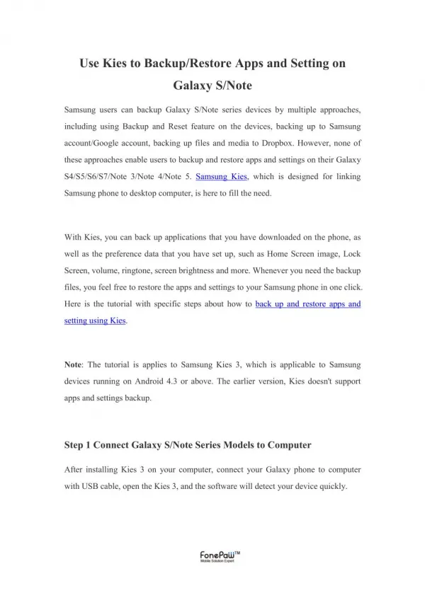 Use Kies to Backup/Restore Apps and Setting on Galaxy S/Note