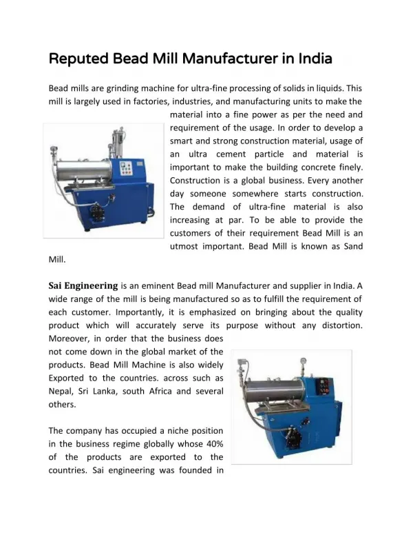 Reputed Bead Mill Manufacturer in India