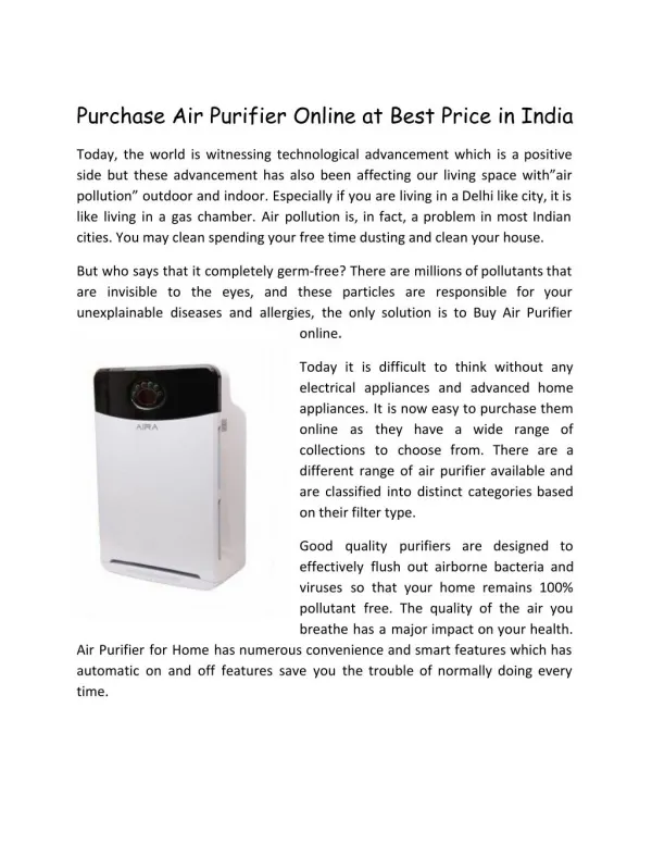 Purchase Air Purifier Online at Best Price in India