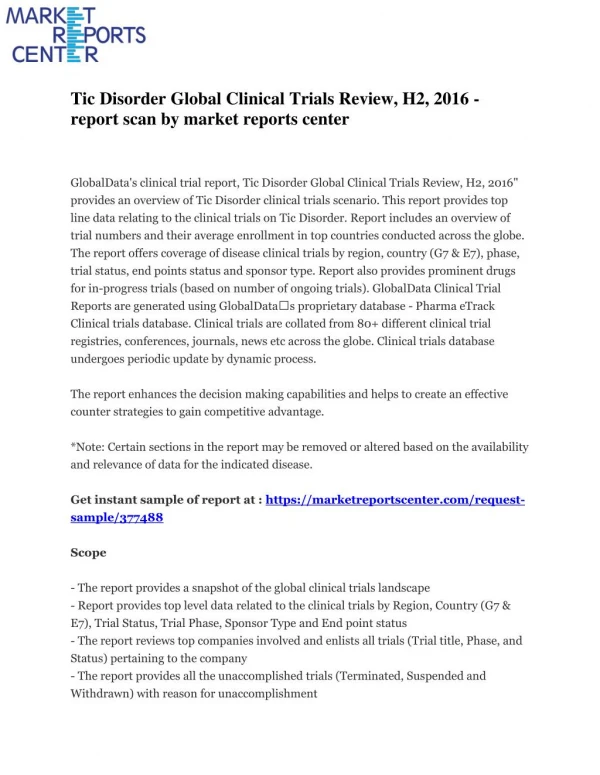 Tic Disorder Global Clinical Trials Review, H2, 2016 - report scan by market reports center