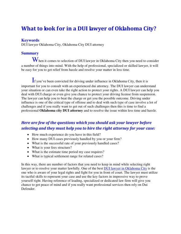 What to look for in a DUI lawyer of Oklahoma City?