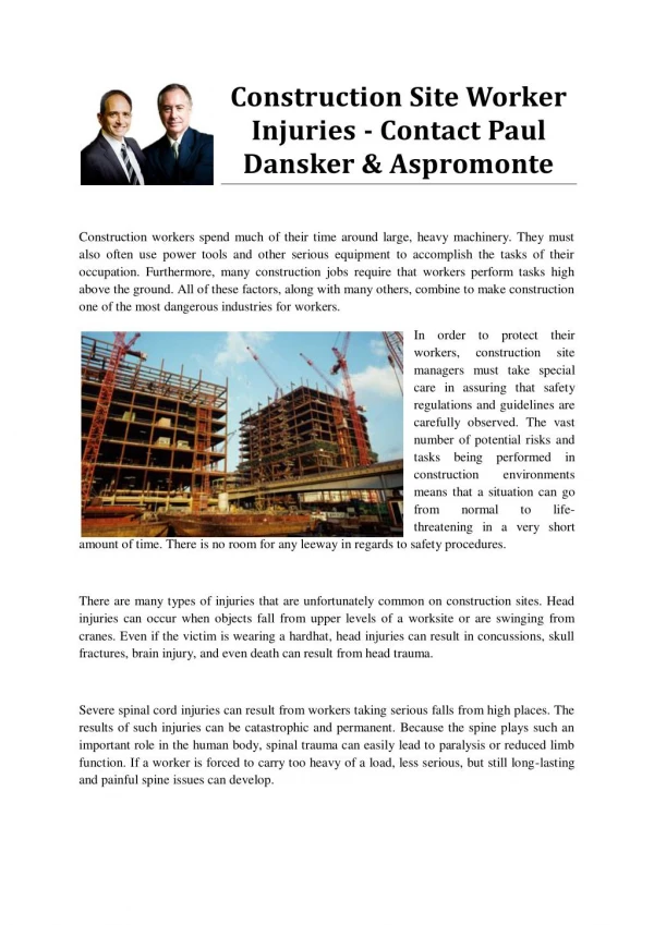 Construction Site Worker Injuries - Contact Paul Dansker & Aspromonte
