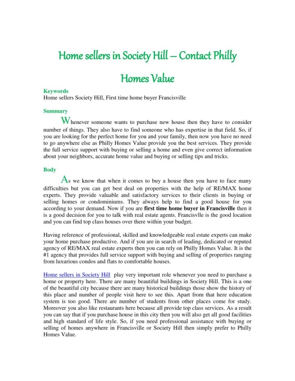 Home sellers in Society Hill – Contact Philly Homes Value