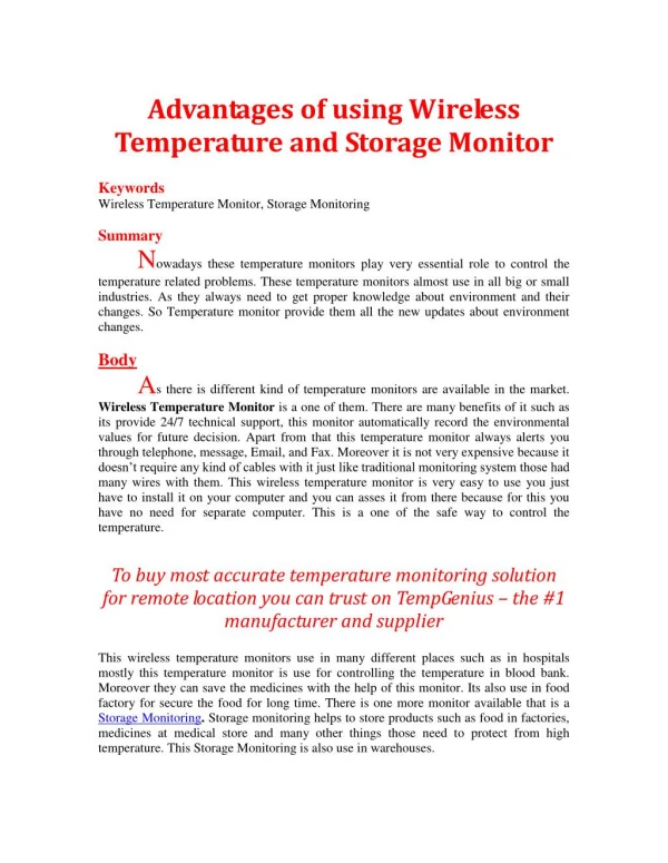 Advantages of using Wireless Temperature and Storage Monitor