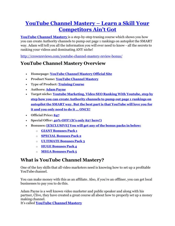 YouTube Channel Mastery REVIEW - DEMO of YouTube Channel Mastery