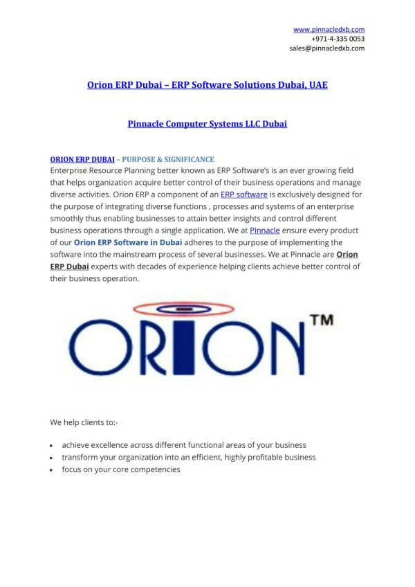 Orion ERP Dubai | ERP Software Dubai | Pinnacle Computer Systems