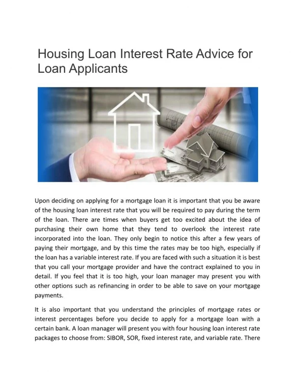 Housing Loan Interest Rate Advice for Loan Applicants