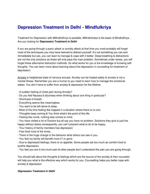 Depression Treatment in Delhi - Mindfulkriya