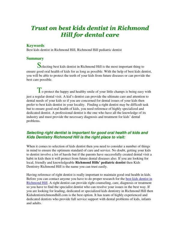 Trust on best kids dentist in Richmond Hill for dental care