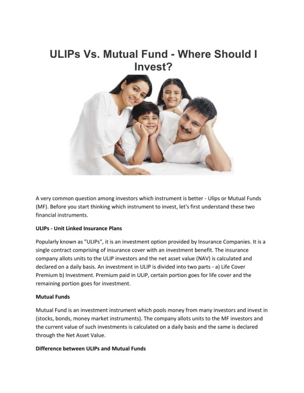 ULIPs Vs. Mutual Fund - Where Should I Invest?