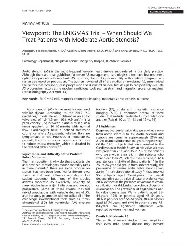 Alexandru Mischie - Viewpoint The ENIGMAS Trial – When Should We Treat Patients with Moderate Aortic Stenosis