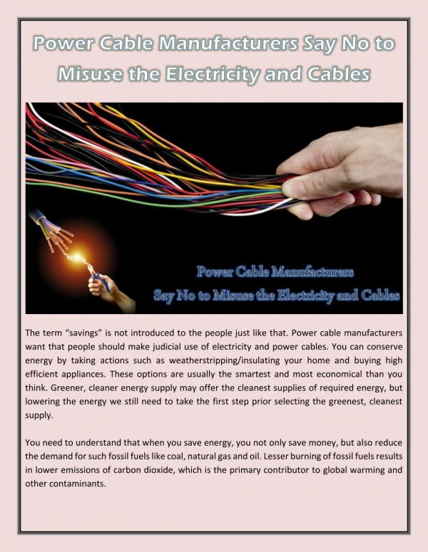 Power Cable Manufacturers Say No to Misuse the Electricity and Cables