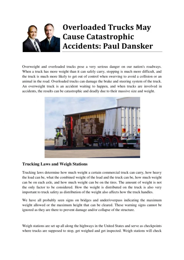 Overloaded Trucks May Cause Catastrophic Accidents: Paul Dansker