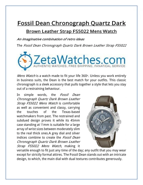 Fossil Dean Chronograph Quartz Dark Brown Leather Strap FS5022 Mens Watch