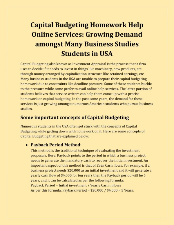 Capital Budgeting Homework Help Services on MyAssignmenthelp.com