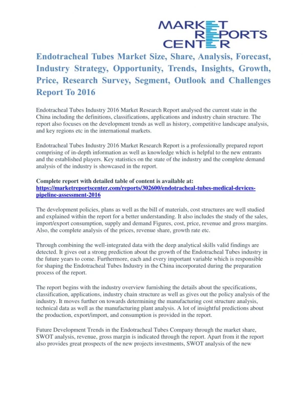 Endotracheal Tubes Market Technology, Segmentation and Forecast To 2016