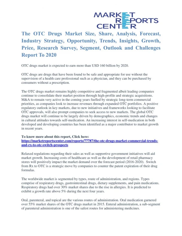 The OTC Drugs Market Competitive Strategies And Forecasts To 2020