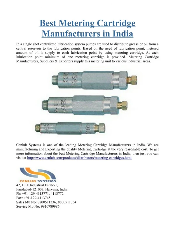 Best Metering Cartridge Manufacturers in India