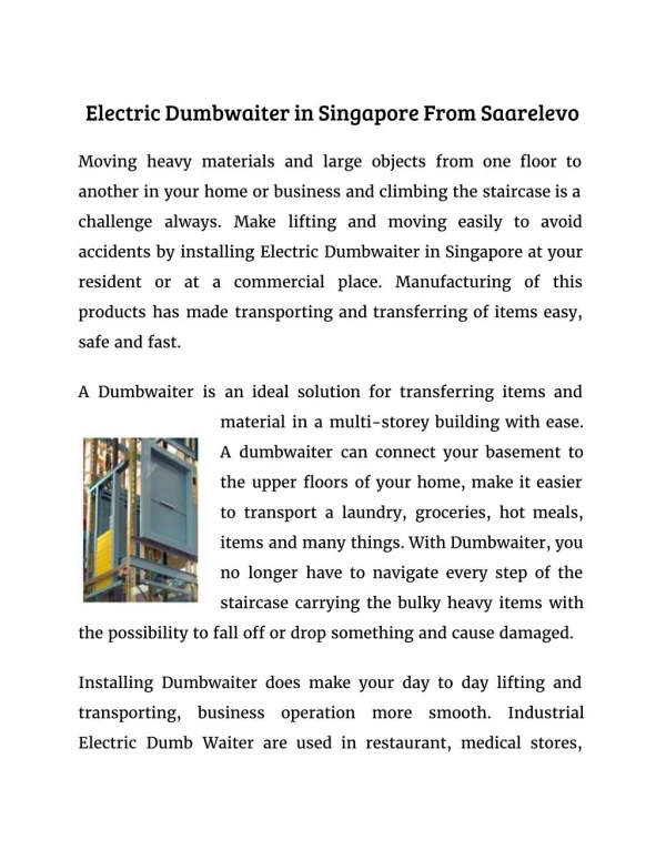 Electric Dumbwaiter in Singapore From Saarelevo