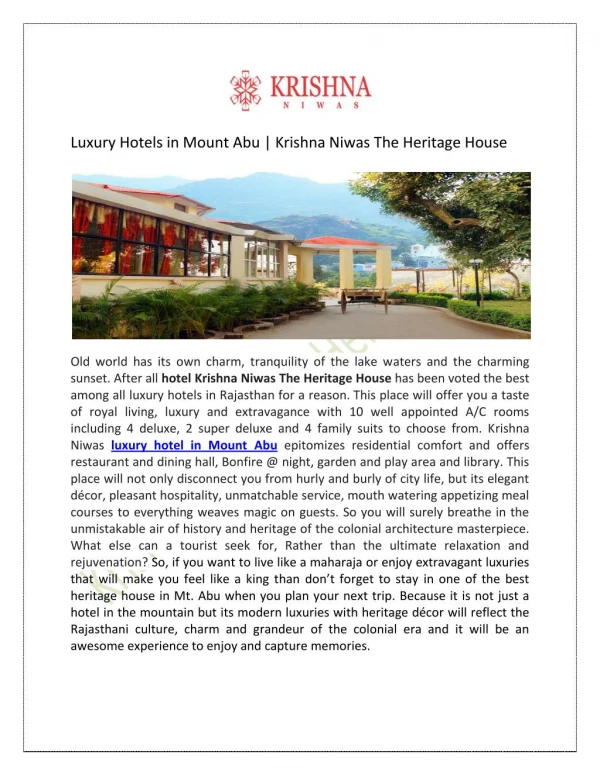 Luxury Hotels in Mount Abu - Krishna Niwas The Heritage House