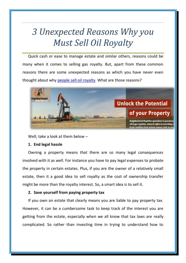 3 Unexpected Reasons Why you Must Sell Oil Royalty